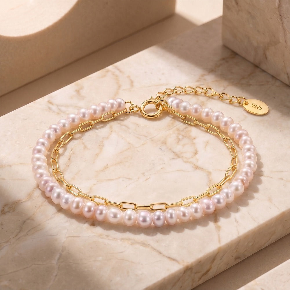 Kemston Double Layer Freshwater Pearl Bracelet for Women 925 Sterling Silver 14K Gold Plated GPB66