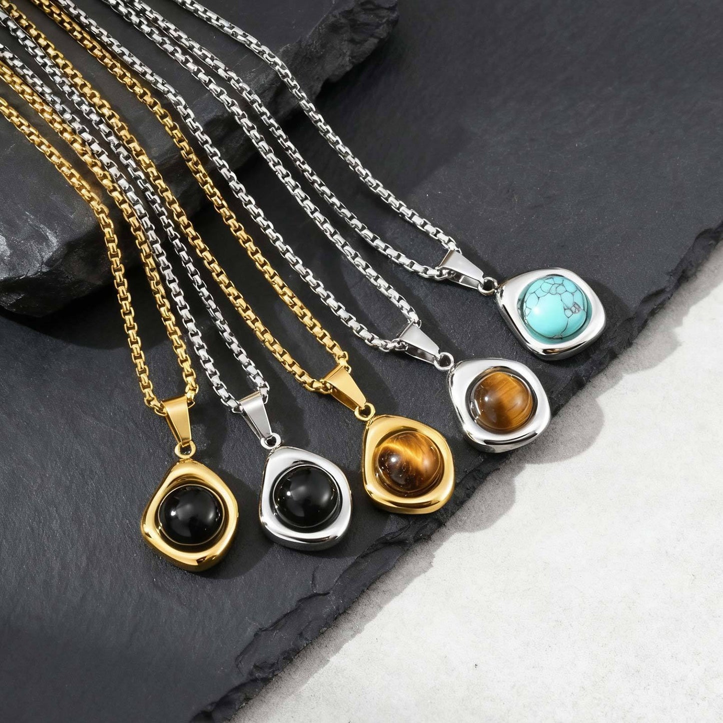 Kemstone Men’s Stainless Steel Necklace – Irregular Natural Stone Pendant Tiger Eye / Onyx / Turquoise PN-2189