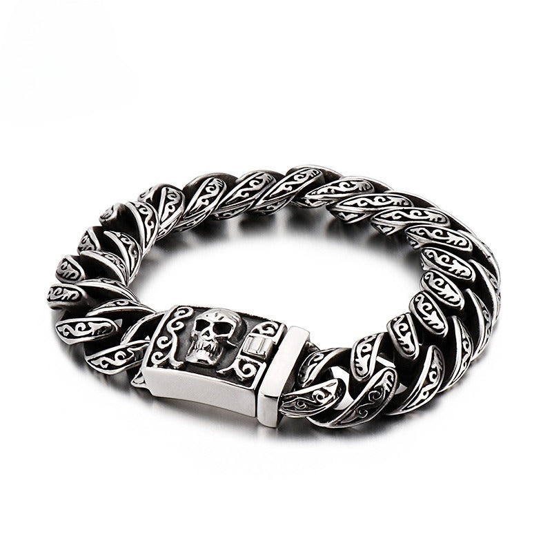 Kemstone Skull Clasp Stainless Steel Bracelet – Engraved Viking Chain Norse Men’s Jewelry KB120965