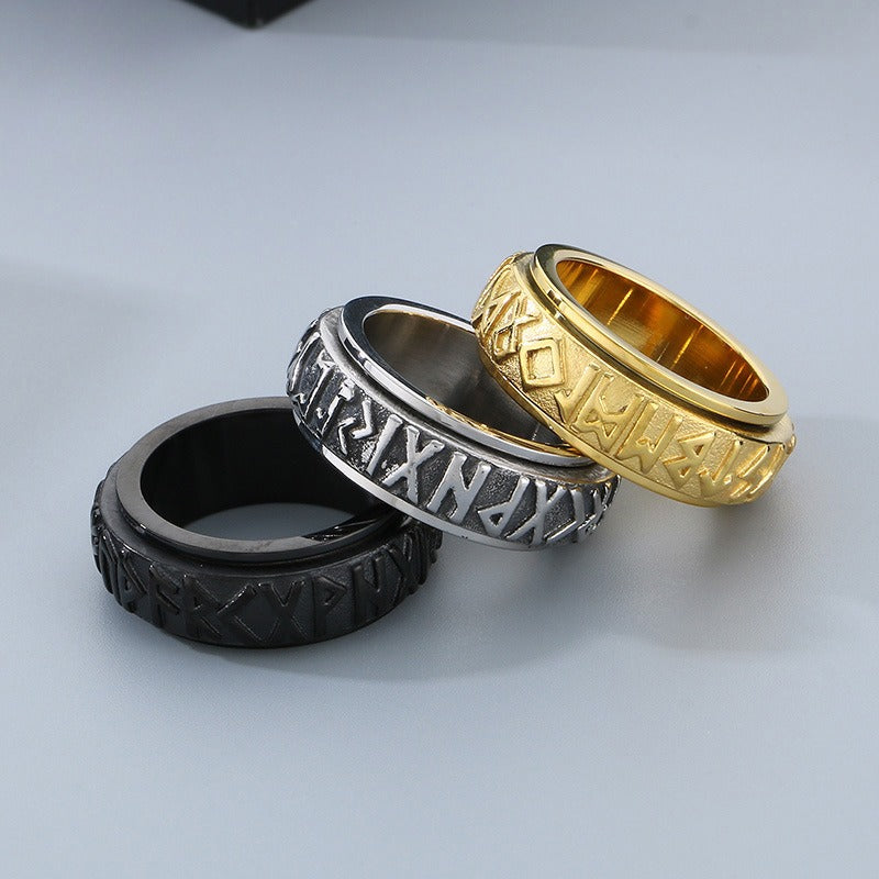 Kemstone Viking Rune Spinner Ring – Titanium Steel Nordic Band for Men | Gothic Punk Street Style KR110119-K