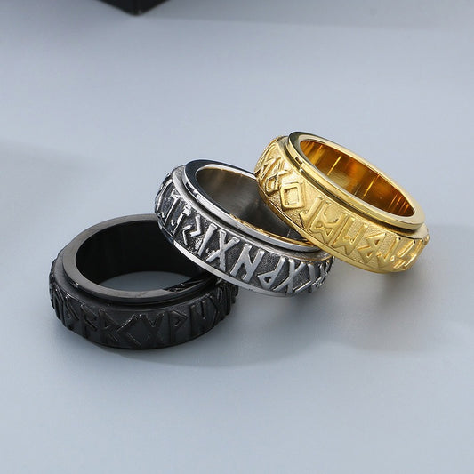 Kemstone Rotatable Viking Rune Titanium Steel Ring - Bold Punk Aesthetic with Nordic Heritage for Men KR110119-K