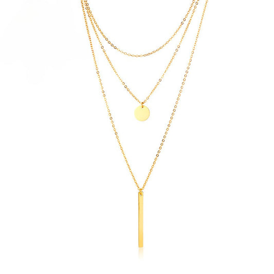 Geometric Triple Layer Necklace – Stainless Steel Bar & Circle Pendant in Gold | Gothic Minimalist Streetwear NC-428