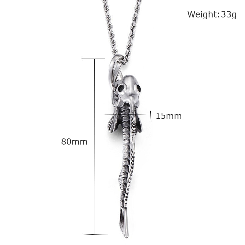 Kemstone Titanium Steel Shark Skeleton Pendant Necklace – Fish Bone Design for Men KP54478-BD