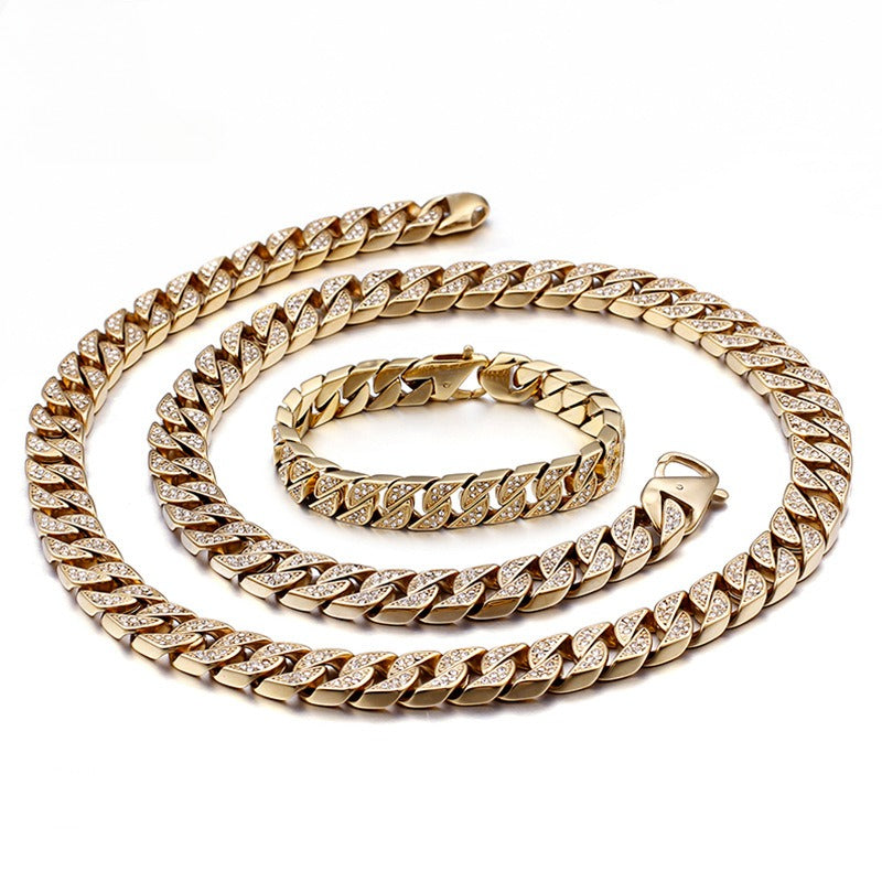 Kemstone Bold Cuban Link Chain - Stainless Steel Hiphop Necklace with Full-Cut Sparkling Stones KS102416-BD