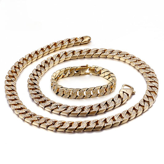 Kemstone Bold Cuban Link Chain - Stainless Steel Hiphop Necklace with Full-Cut Sparkling Stones KS102416-BD
