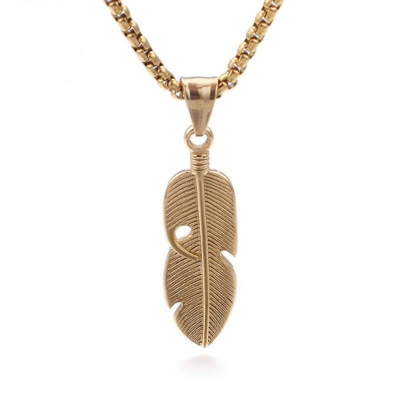 Kemstone Hollow Feather Pendant – Retro Titanium Steel Necklace for Men, Lightweight Hiphop Streetwear Jewelry KP77755-K