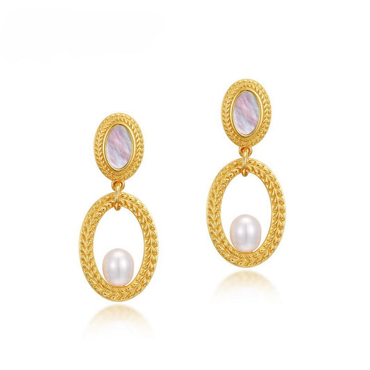 Kemstone Handcrafted Original Design Vintage Fashion Large Freshwater Pearl Earrings - S925 Silver with 10K Gold Plating