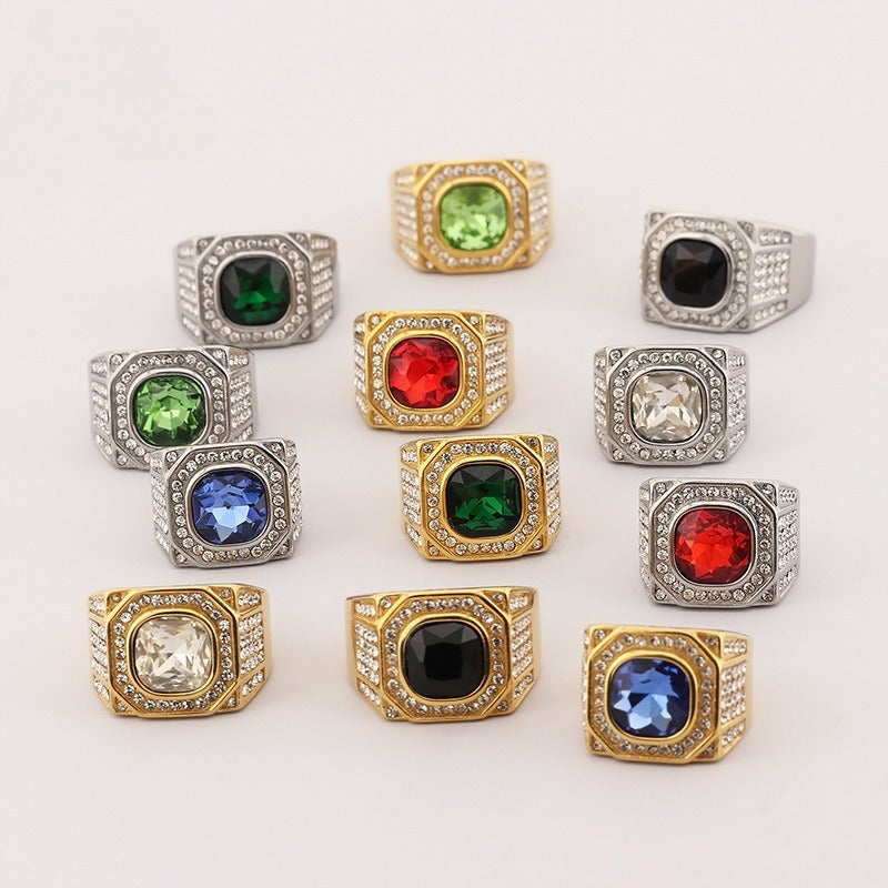 Kemstone Octagon Titanium Steel Hip-Hop Ring – Full-Cut Zircon Streetwear Band for Men KR110150