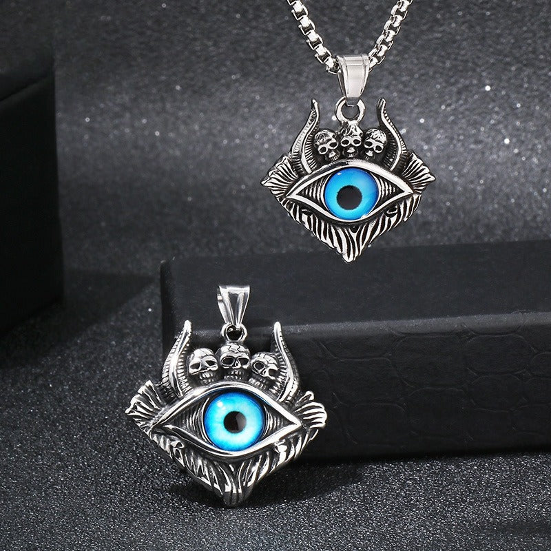 Colgante de calavera punk y abismo de Satán de Kemstone - Collar gótico de acero de titanio para hombre con diseño de mal de ojo y demonio KP119887