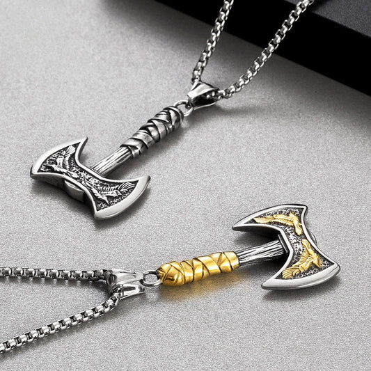 Kemstone Viking Axe & Raven Pendant – Norse Rune Titanium Steel Necklace for Men KP130627-TLX