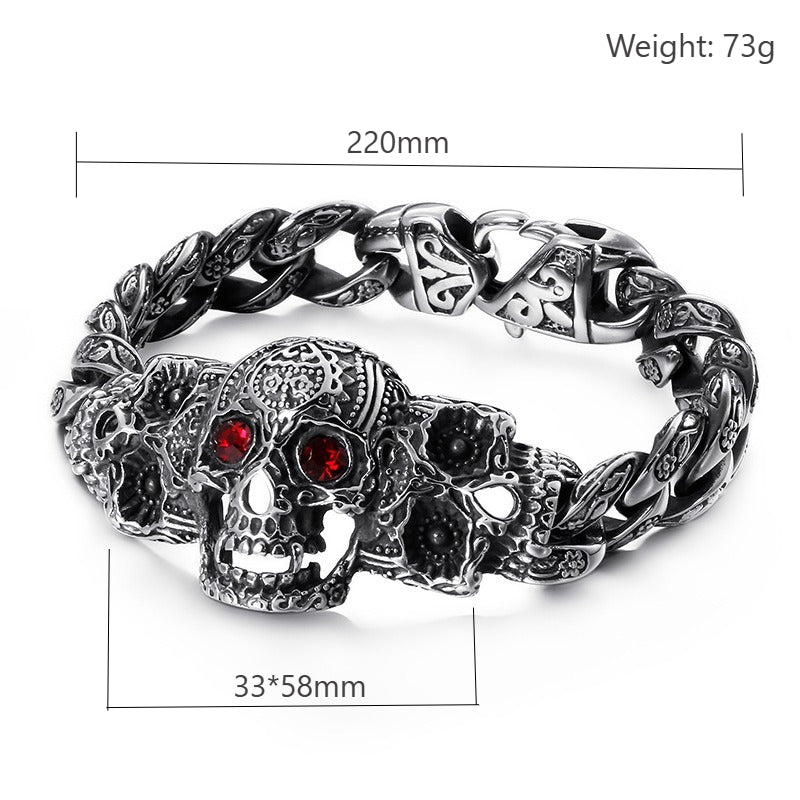 Pulsera Kemstone vintage de acero y titanio envejecido con incrustaciones de circonitas y cruz de calavera. Accesorio gótico punk resistente para hombre KB112525-BD