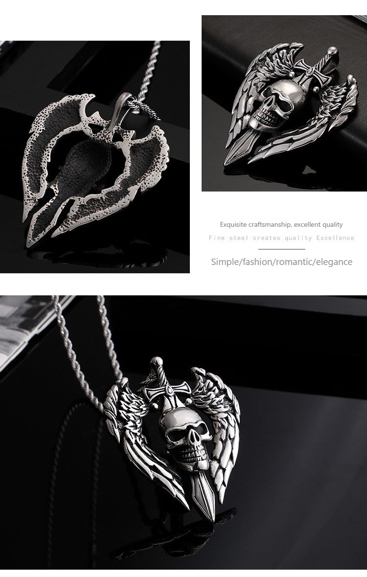Kemstone Titanium Steel Skull Wing Sword Pendant Necklace for Men KP80019-BD