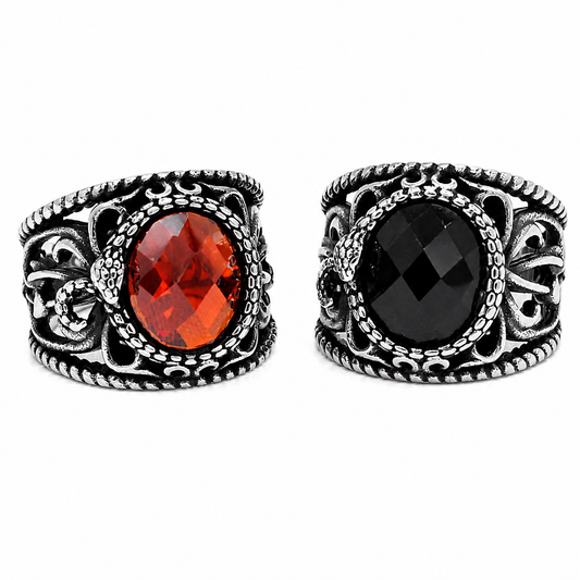 Kemstone Vintage Stone Inlay Signet Ring for Men Titanium Steel Hollow Filigree Design R1672