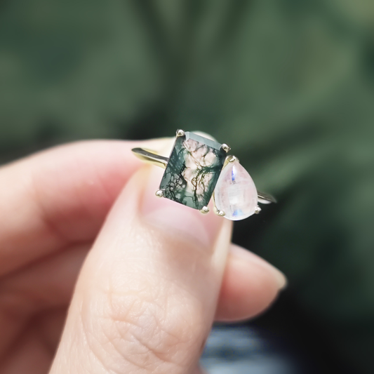 Kemstone Moss Agate Rings Set with Moonstone - Natural Green Gemstone, Engagement & Wedding Ring Set,K2405151R