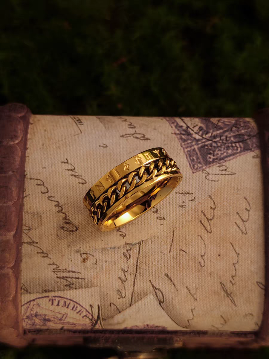Kemstone Vintage Gold Viking Chain Band & Square Signet Ring – 18K Plated Titanium Steel