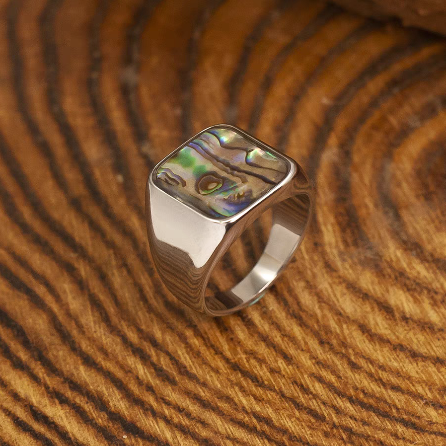 Kemstone Vintage Titanium Steel Ring for Men with Abalone Shell Inlay - Square Design NW-JZ111