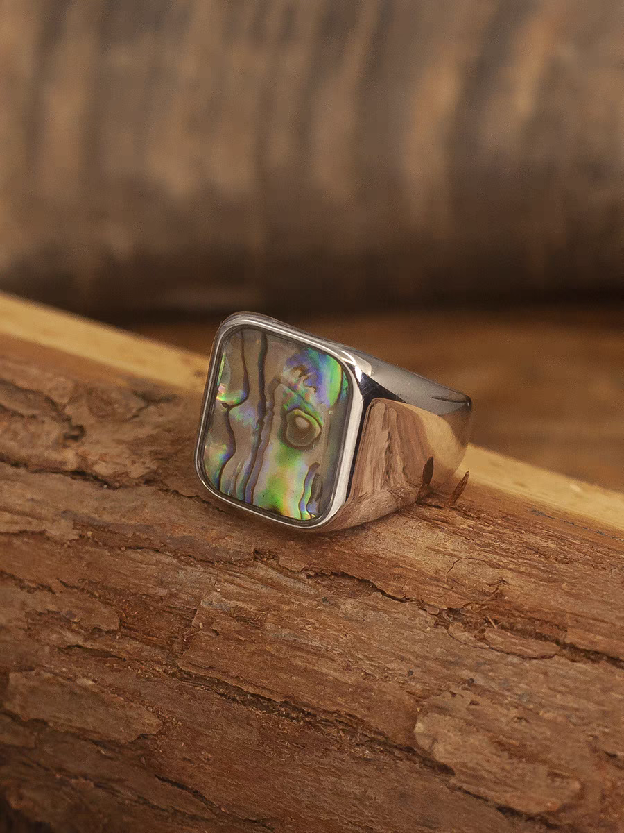 Kemstone Vintage Titanium Steel Ring for Men with Abalone Shell Inlay - Square Design NW-JZ111