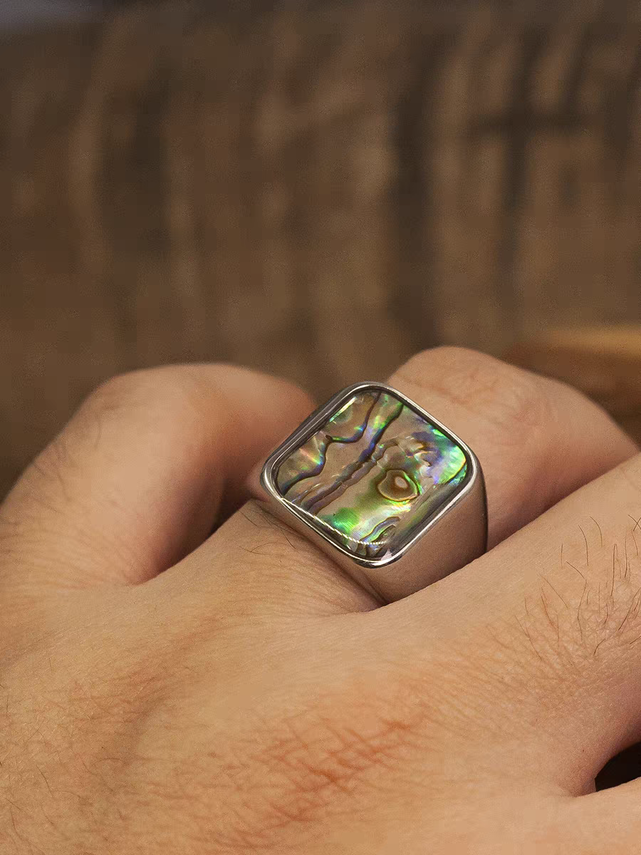 Kemstone Vintage Titanium Steel Ring for Men with Abalone Shell Inlay - Square Design NW-JZ111