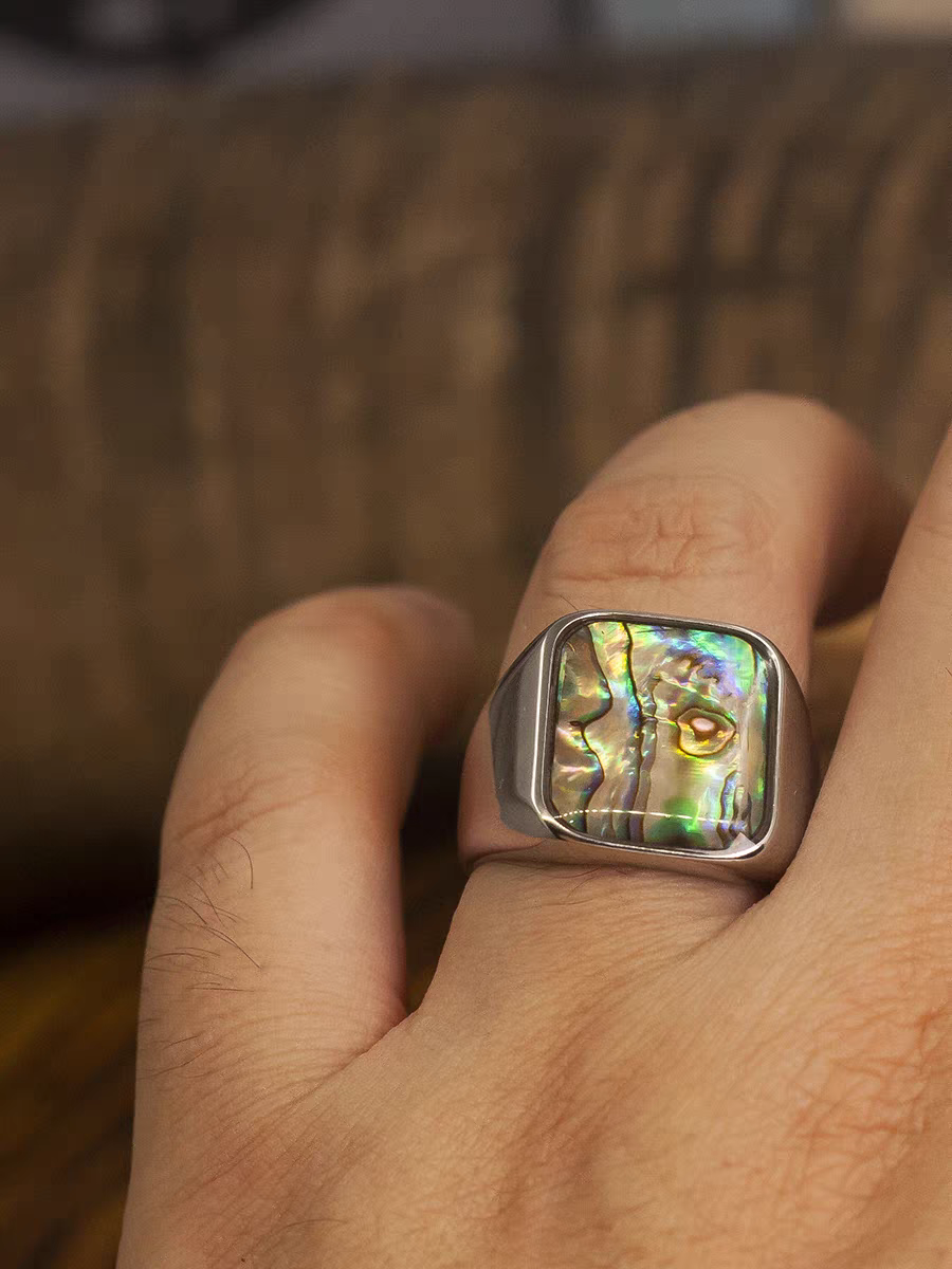 Kemstone Vintage Titanium Steel Ring for Men with Abalone Shell Inlay - Square Design NW-JZ111