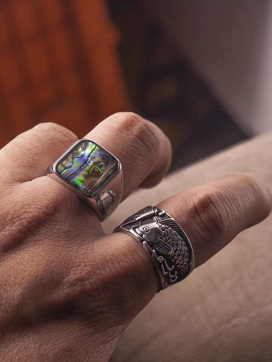 Kemstone Vintage Titanium Steel Ring for Men with Abalone Shell Inlay - Square Design NW-JZ111
