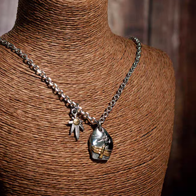 Kemstone Men’s Titanium Steel Necklace – Leaf & Eagle Pendant, Gold Accents NW-XL107