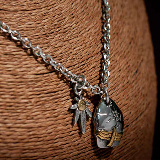 Kemstone Men’s Titanium Steel Necklace – Leaf & Eagle Pendant, Gold Accents NW-XL107