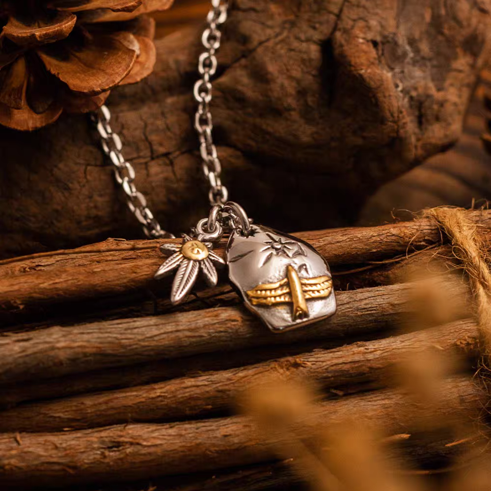 Kemstone Men’s Titanium Steel Necklace – Leaf & Eagle Pendant, Gold Accents NW-XL107