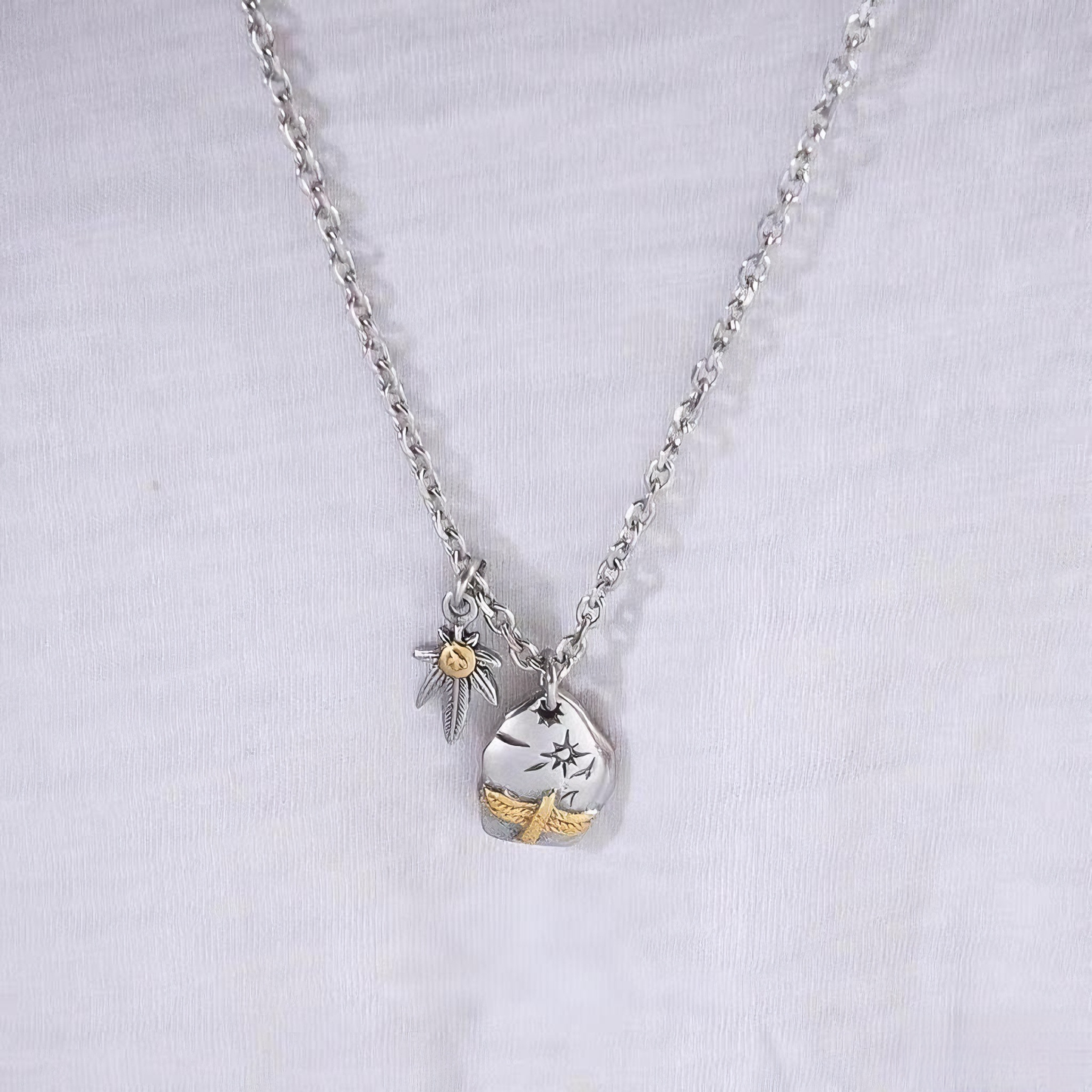 Kemstone Men’s Titanium Steel Necklace – Leaf & Eagle Pendant, Gold Accents NW-XL107