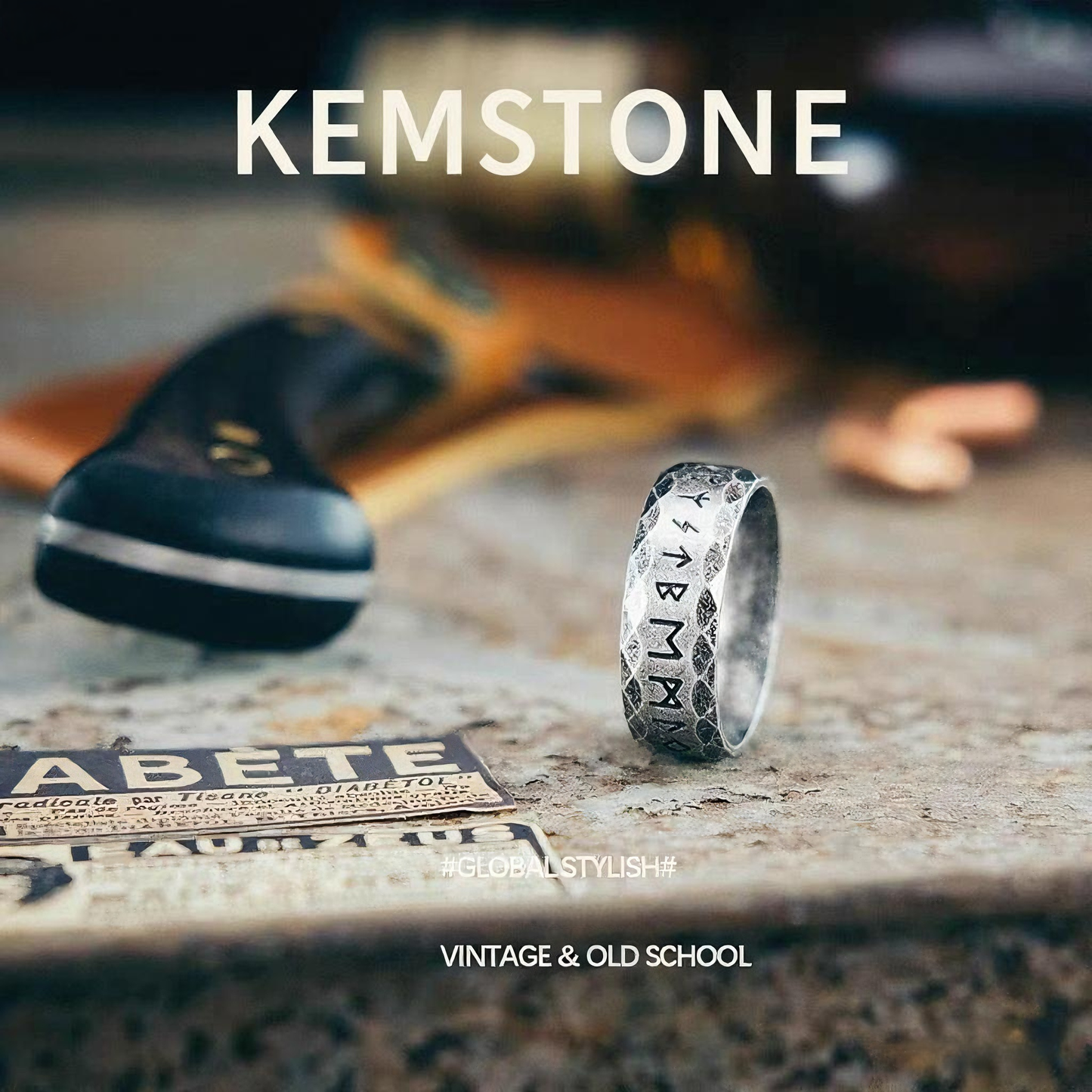 Kemstone Viking Rune Ring – Vintage Silver Stainless Steel Band, 8mm Norse Jewelry for Men  NWR-620821