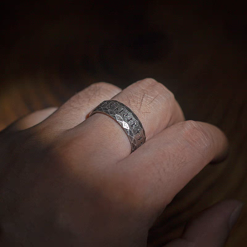 Kemstone Viking Rune Ring – Vintage Silver Stainless Steel Band, 8mm Norse Jewelry for Men  NWR-620821