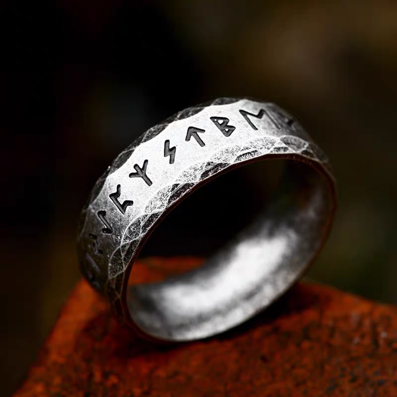 Kemstone Viking Rune Ring – Vintage Silver Stainless Steel Band, 8mm Norse Jewelry for Men  NWR-620821