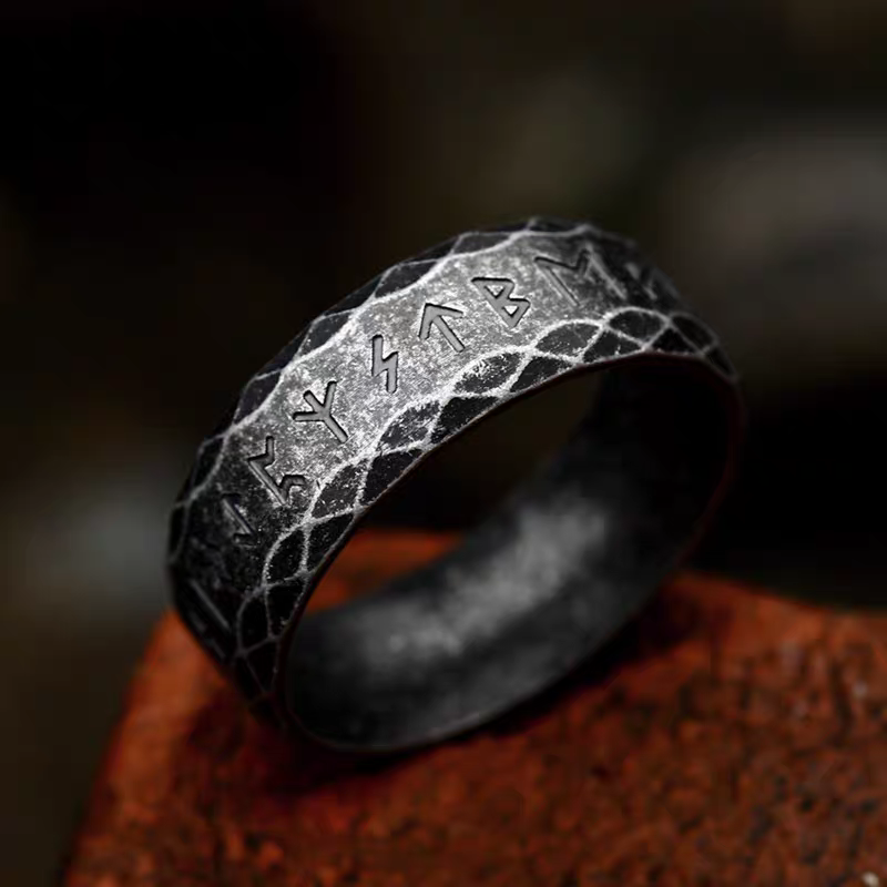 Kemstone Viking Rune Ring – Vintage Silver Stainless Steel Band, 8mm Norse Jewelry for Men  NWR-620821