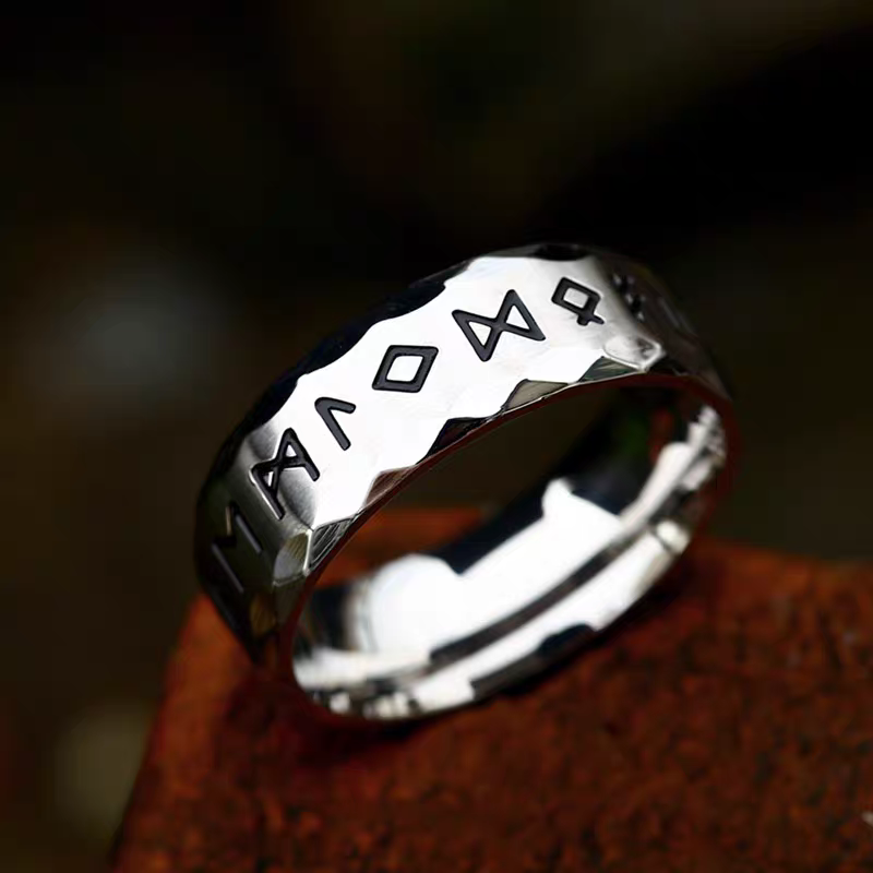 Kemstone Viking Rune Ring – Vintage Silver Stainless Steel Band, 8mm Norse Jewelry for Men  NWR-620821