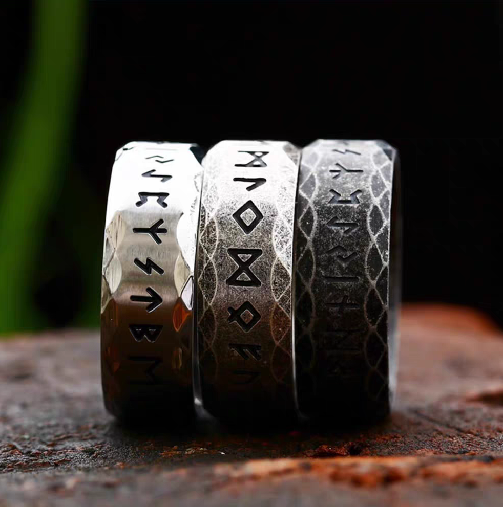 Kemstone Viking Rune Ring – Vintage Silver Stainless Steel Band, 8mm Norse Jewelry for Men  NWR-620821