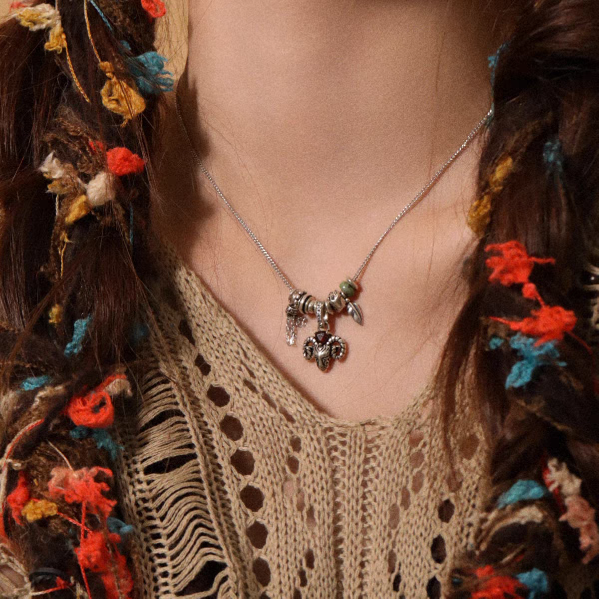 Kemstone Antelope Necklace – 925 Silver Vintage Pendant with Garnet & Turquoise, Adjustable Urban Nomadic Style EM-XXZSN376