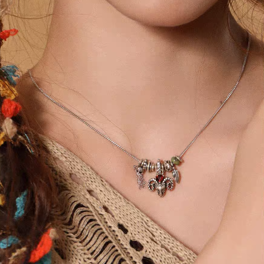 Kemstone Antelope Necklace – 925 Silver Vintage Pendant with Garnet & Turquoise, Adjustable Urban Nomadic Style EM-XXZSN376