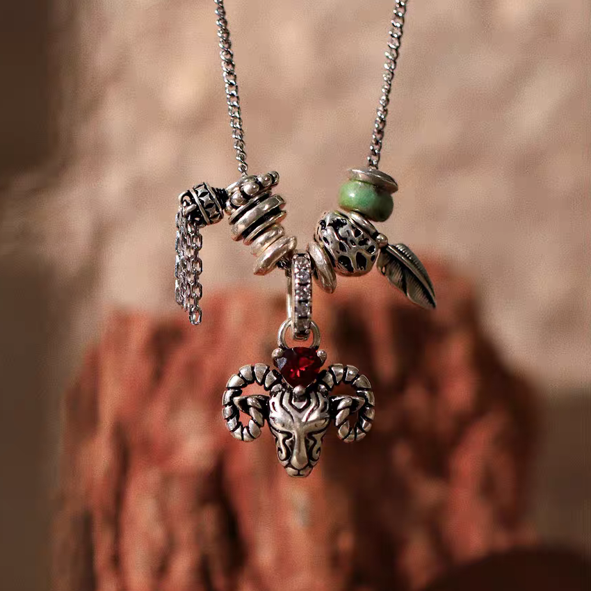 Kemstone Antelope Necklace – 925 Silver Vintage Pendant with Garnet & Turquoise, Adjustable Urban Nomadic Style EM-XXZSN376