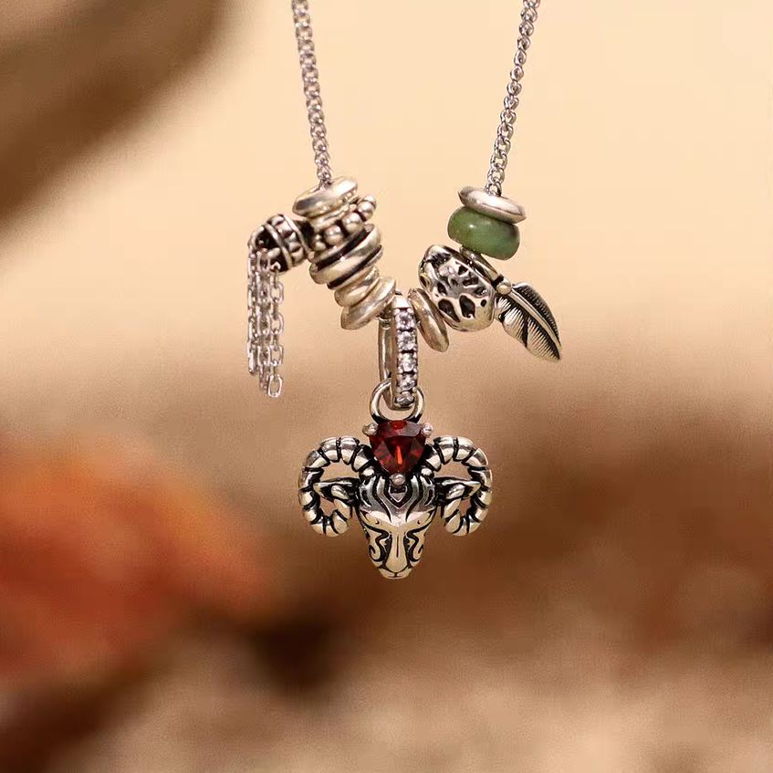 Kemstone Antelope Necklace – 925 Silver Vintage Pendant with Garnet & Turquoise, Adjustable Urban Nomadic Style EM-XXZSN376