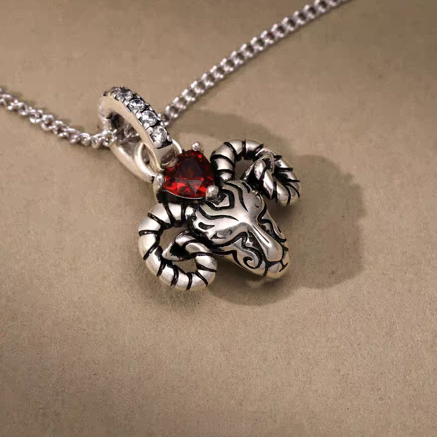 Kemstone Antelope Necklace – 925 Silver Vintage Pendant with Garnet & Turquoise, Adjustable Urban Nomadic Style EM-XXZSN376