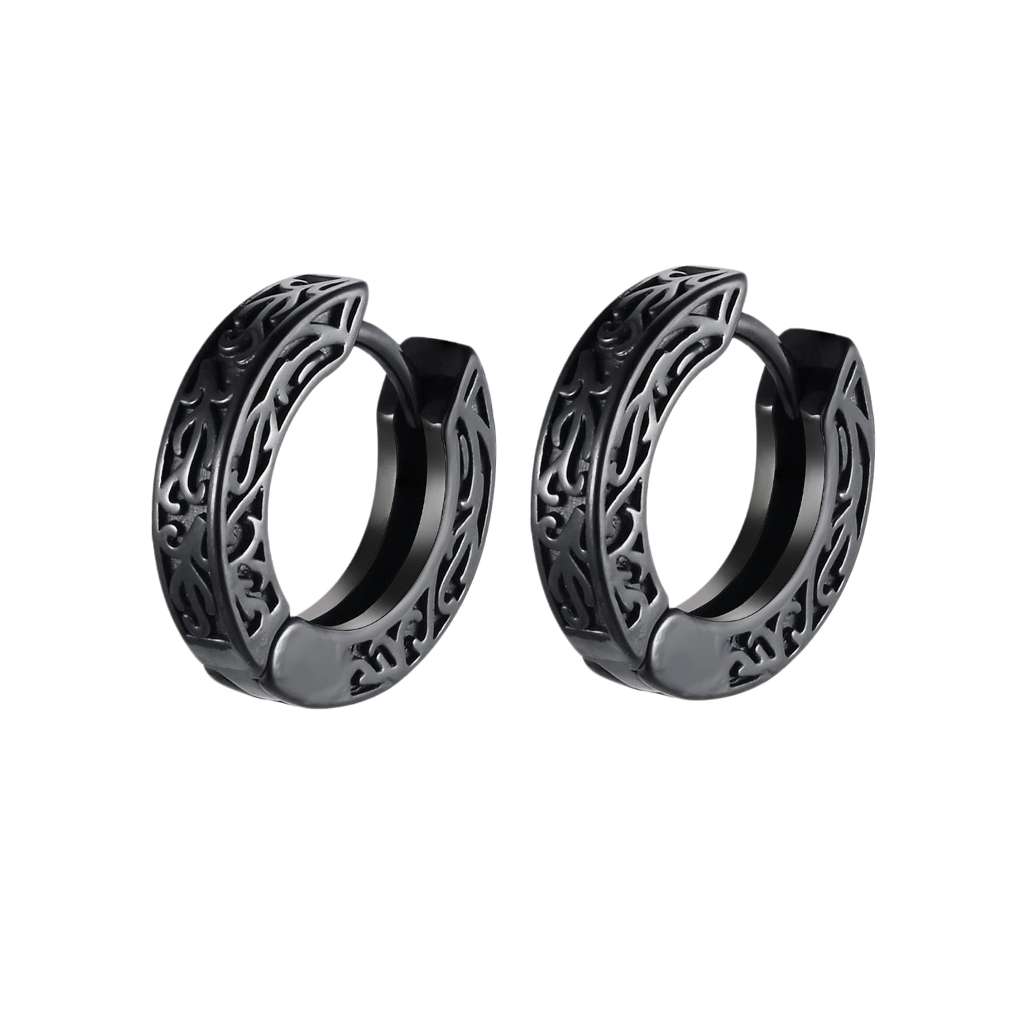Kemstone Stainless Steel Engraved Hoop Earrings – Vintage Huggie Jewelry for Men, Gold/Silver/Black EH-699