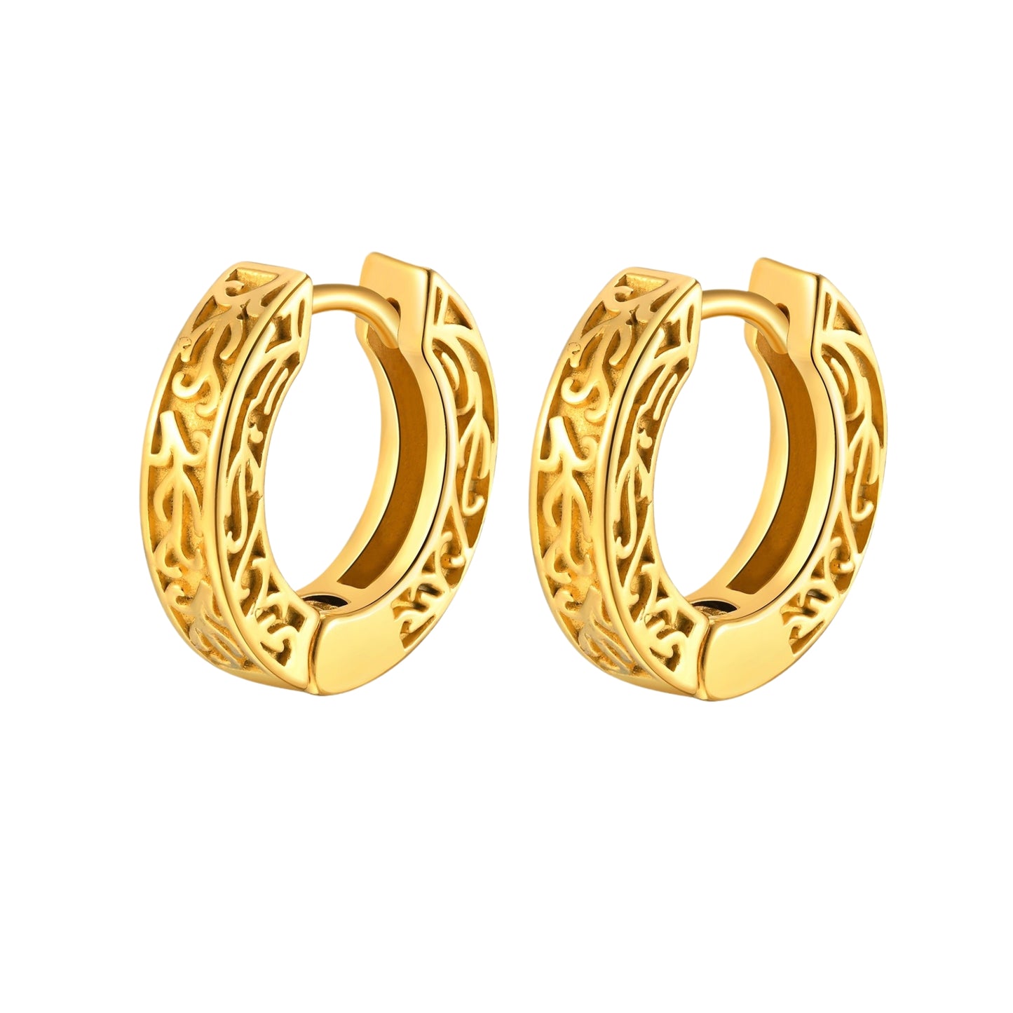 Kemstone Stainless Steel Engraved Hoop Earrings – Vintage Huggie Jewelry for Men, Gold/Silver/Black EH-699