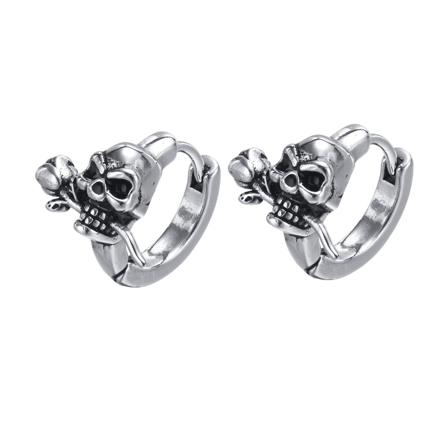 Skull & Rose Hoop Earring for Men – Gothic Stainless Steel Jewelry with Dark Elegance EH-444