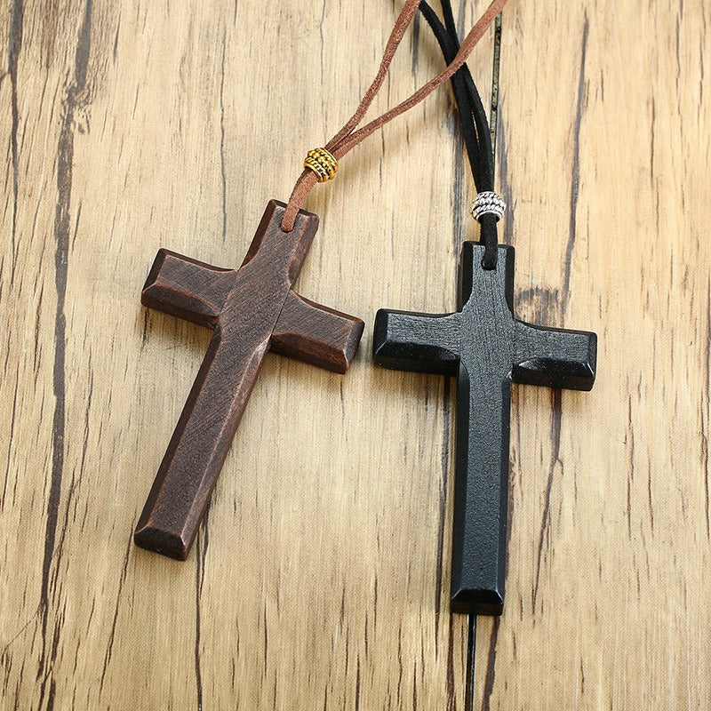Kemston Wooden Cross Pendant Necklace for Men Adjustable Cord PN-1278