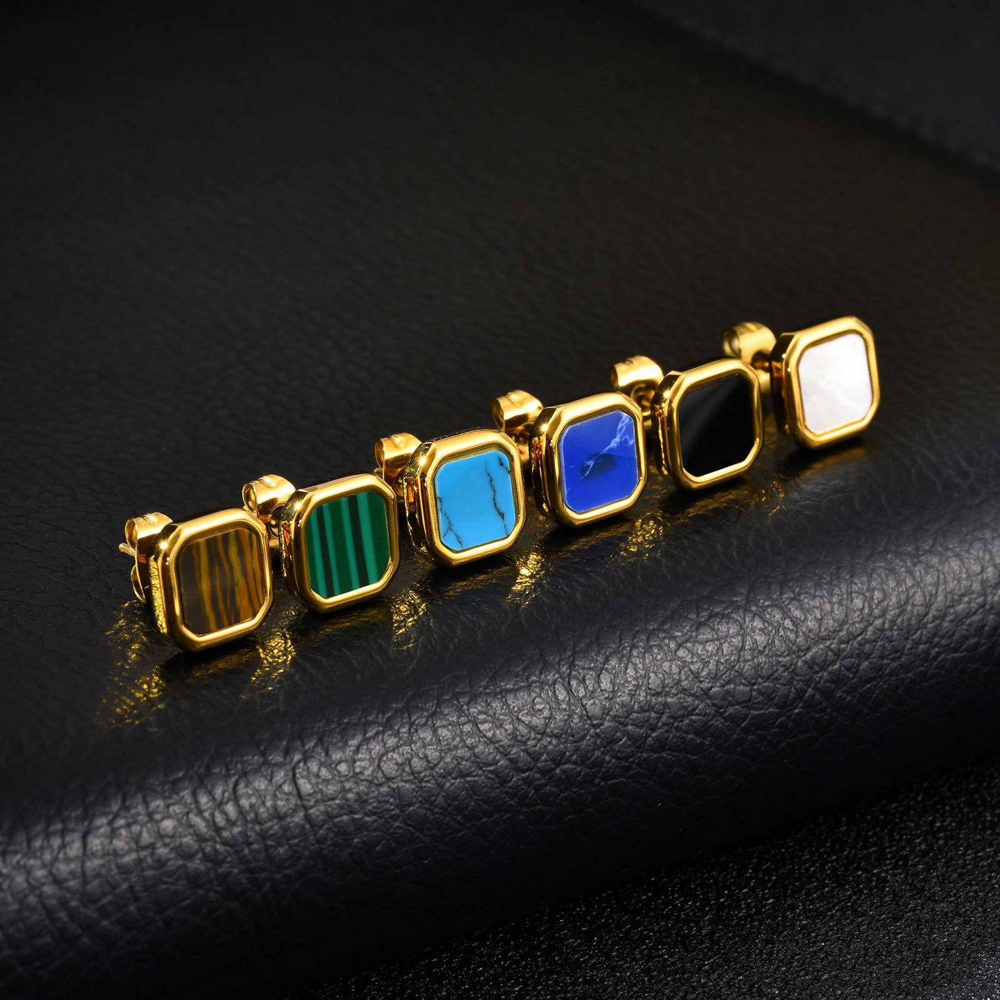 Kemstone Stainless Steel Square Stud Earrings – Shell, Tiger’s Eye, Malachite, Turquoise  for Men & Women ES-728