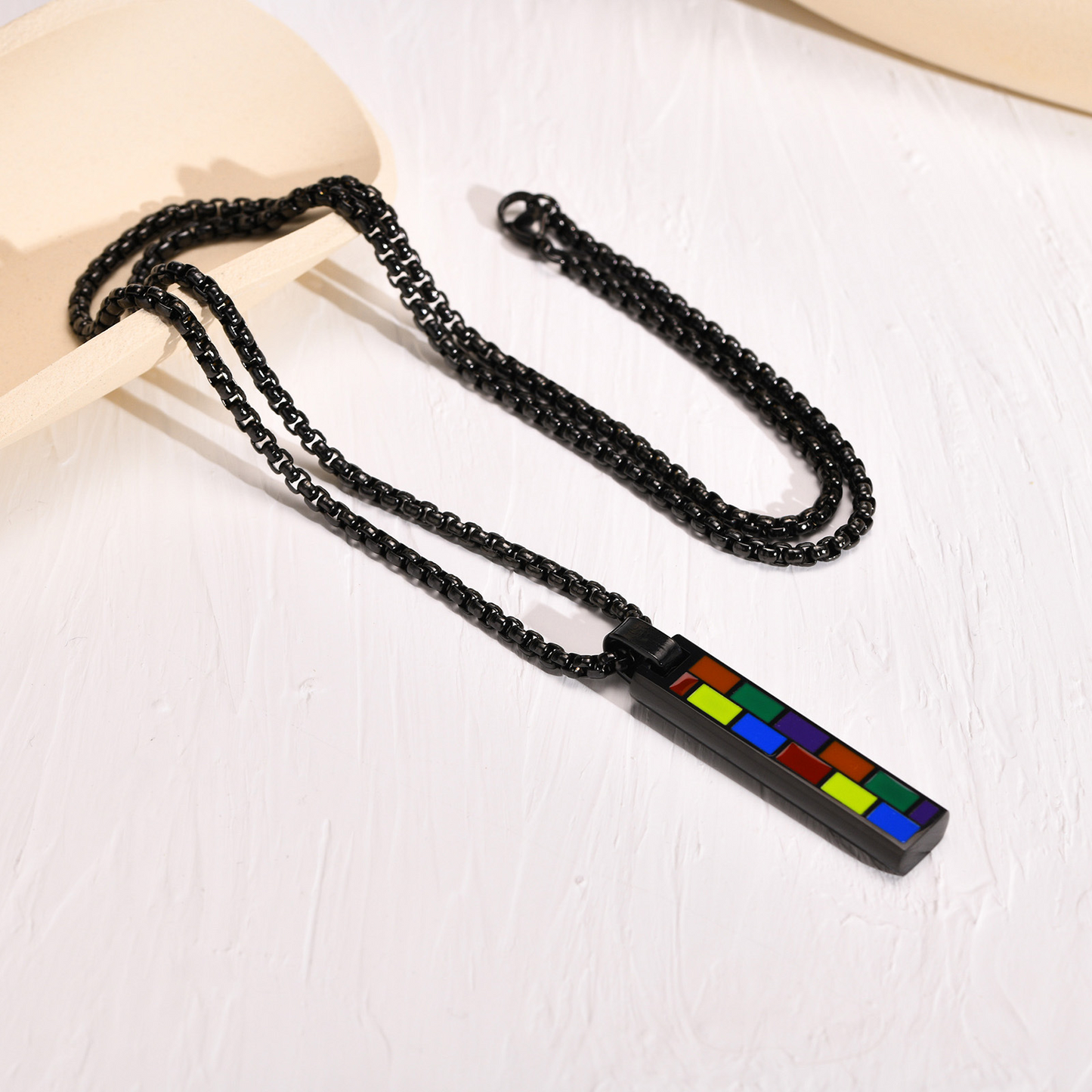 Kemstone Color Block Bar Pendant Necklace Stainless Steel Rectangle Design for Men PPN-004