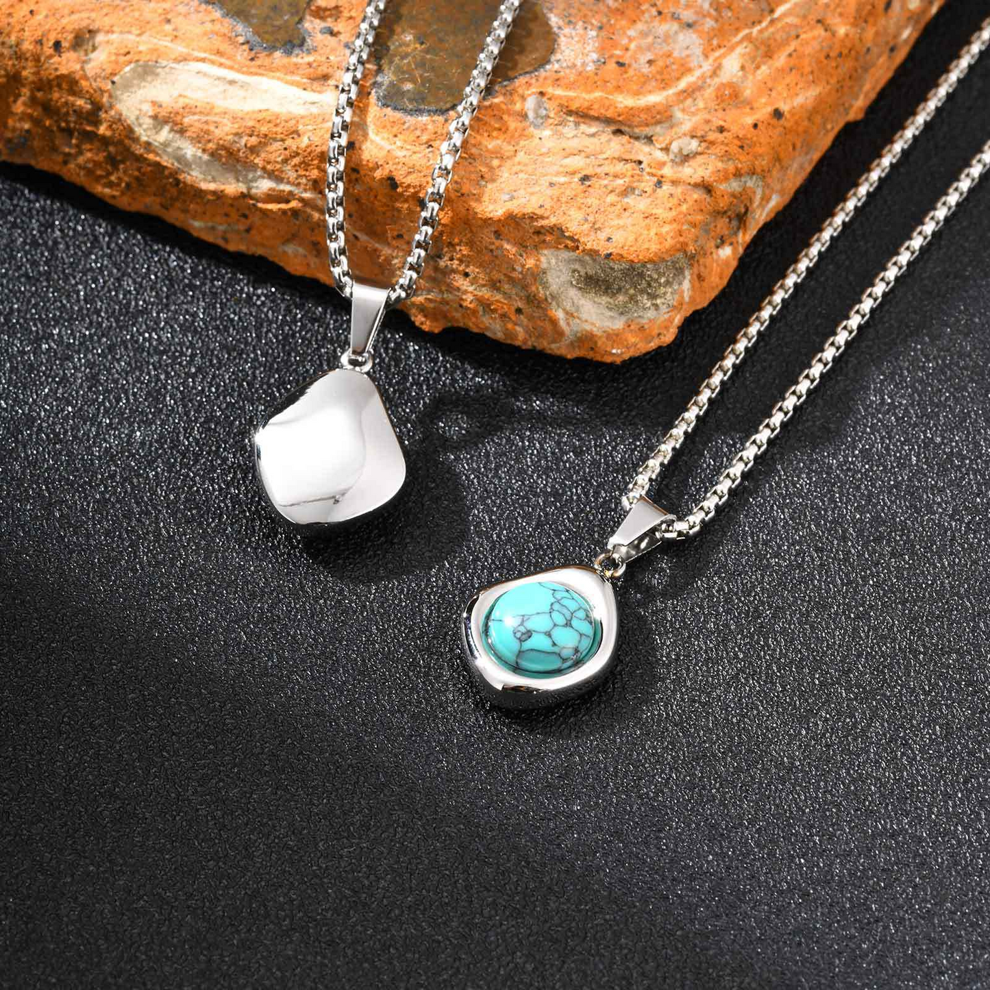 Kemstone Men’s Stainless Steel Necklace – Irregular Natural Stone Pendant Tiger Eye / Onyx / Turquoise PN-2189