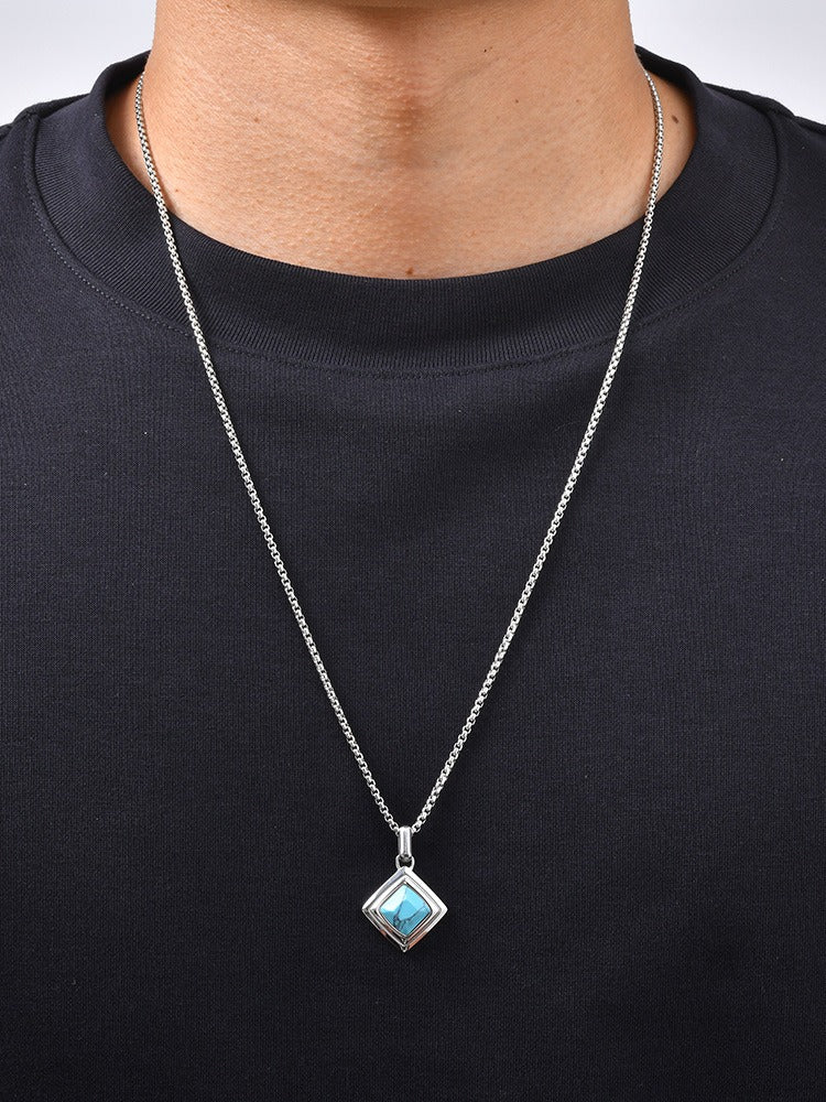 Kemston Tiger Eye Square Pendant Necklace for Men Stainless Steel Geometric Stone Design PN-2436
