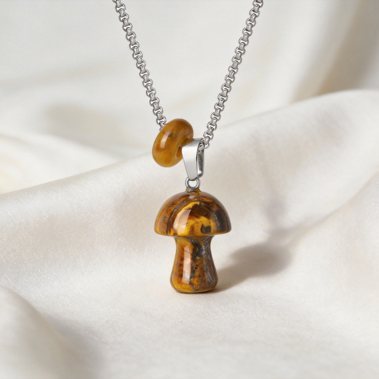 Kemstone Mushroom Pendant Necklace Natural Stone Stainless Steel for Men Women Aventurine Tiger Eye Obsidian NC2875