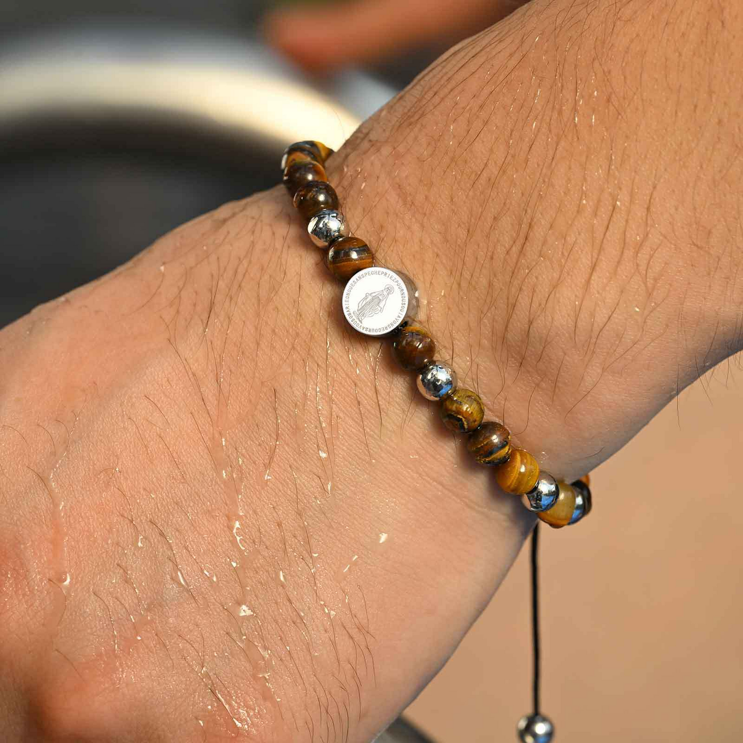 Kemstone Stainless Steel Engraved Coin Beaded Bracelet for Men – Natural Stone Adjustable BR-2354