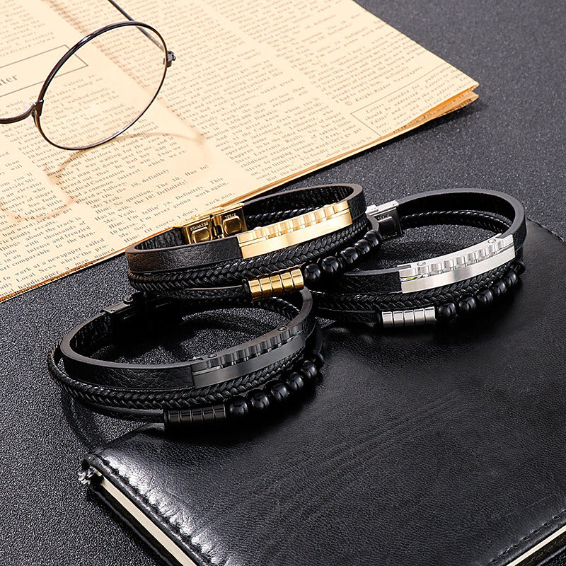 Kemstone Multi-Layer Braided Leather Bracelet for Men Beaded Titanium Steel KB147788-KLHQ